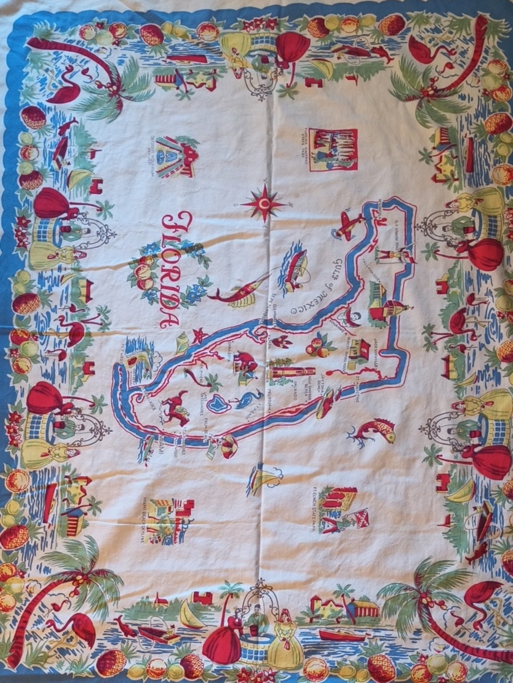 Vintage Florida Tapestry Tablecloth Red Yellow And Blue With Flair! 49"X62" Cool